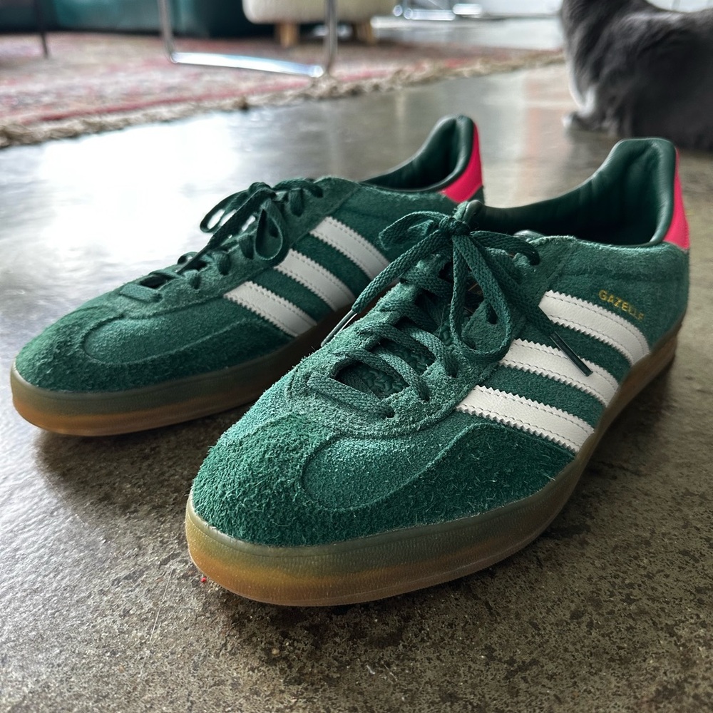 Adidas Collegiate Green Sneakers with White and Pink Accents Gazelle Indoor